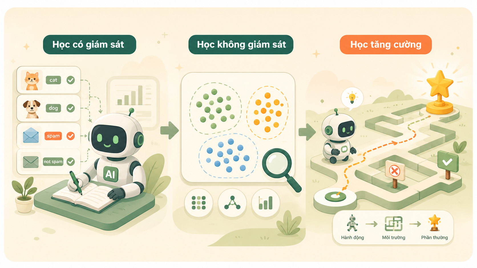Minh họa Supervised, Unsupervised và Reinforcement Learning